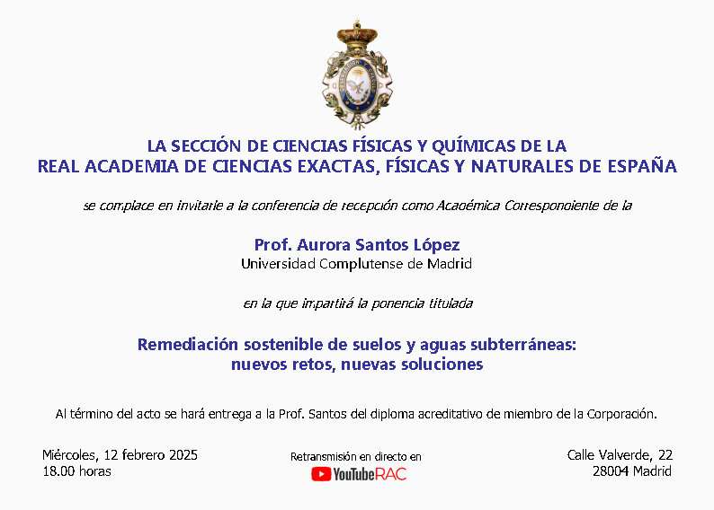 Conferencia Aurora Santos López:   Remediación sostenible de suelos y aguas subterráneas: nuevos retos, nuevas soluciones